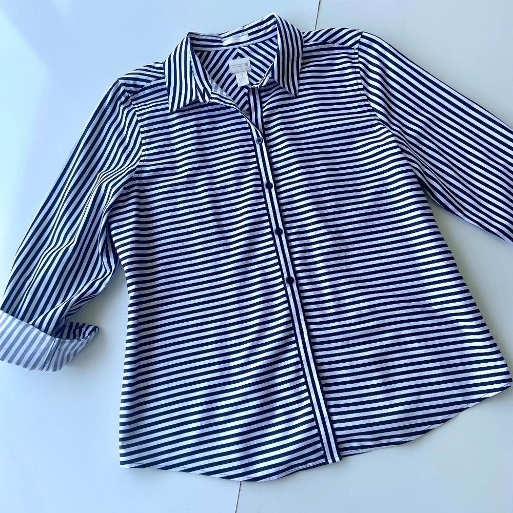 Chico's Navy and White Striped Button-Up Blouse